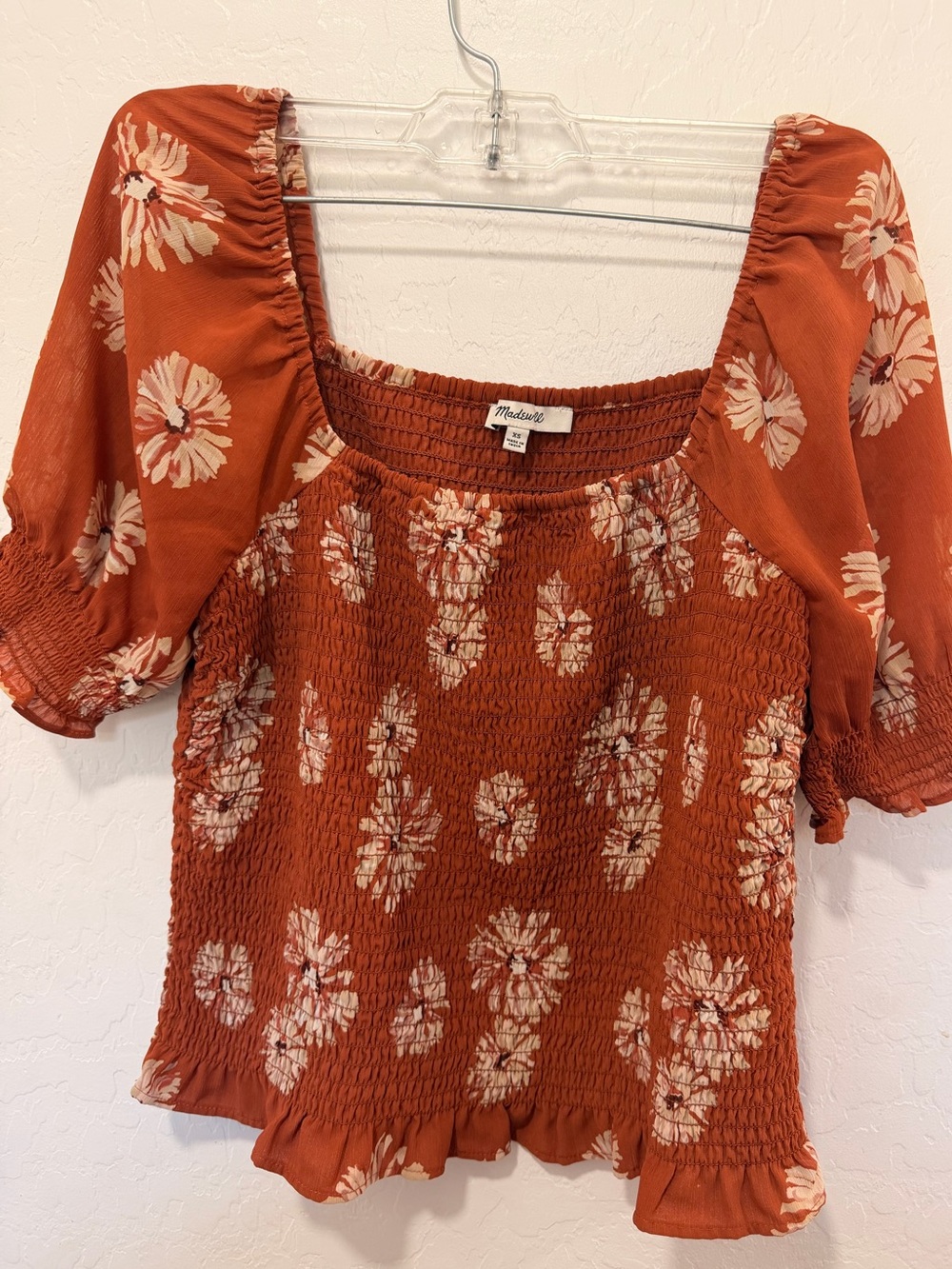 Madewell XS rust Floral Smocked Square-Neck Top stretchy boho puff sleeve orange
